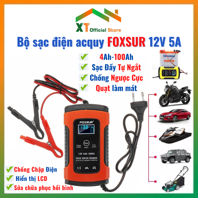 Sạc ắc quy xe máy ô tô 12V 4Ah - 100Ah FOXSUR kèm phục hồi bình,tự ngắt khi đầy,khử sunfat