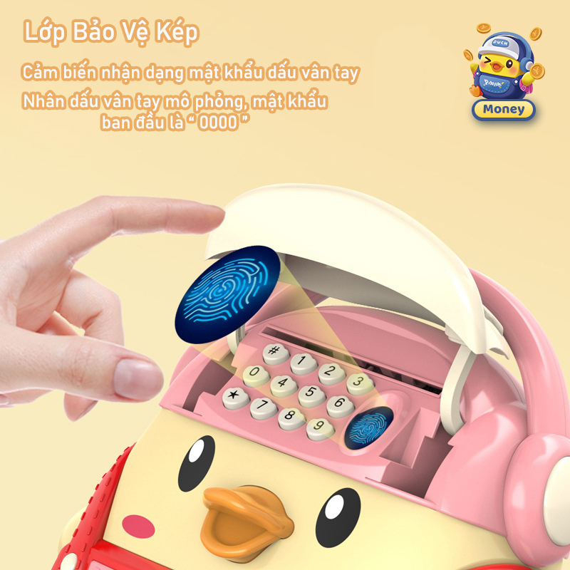 Đồ Chơi Két Giữ Tiền Hình Vịt Con Cho Bé Money Box Có Nhạc Khóa Mật Khẩu Bằng Vân Tay Tặng Kèm Dây Đeo & Pin Cho Bé