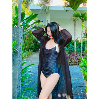 Áo khoác kimono bi đi biển dáng dài hai màu, áo choàng bikini voan tay kiểu