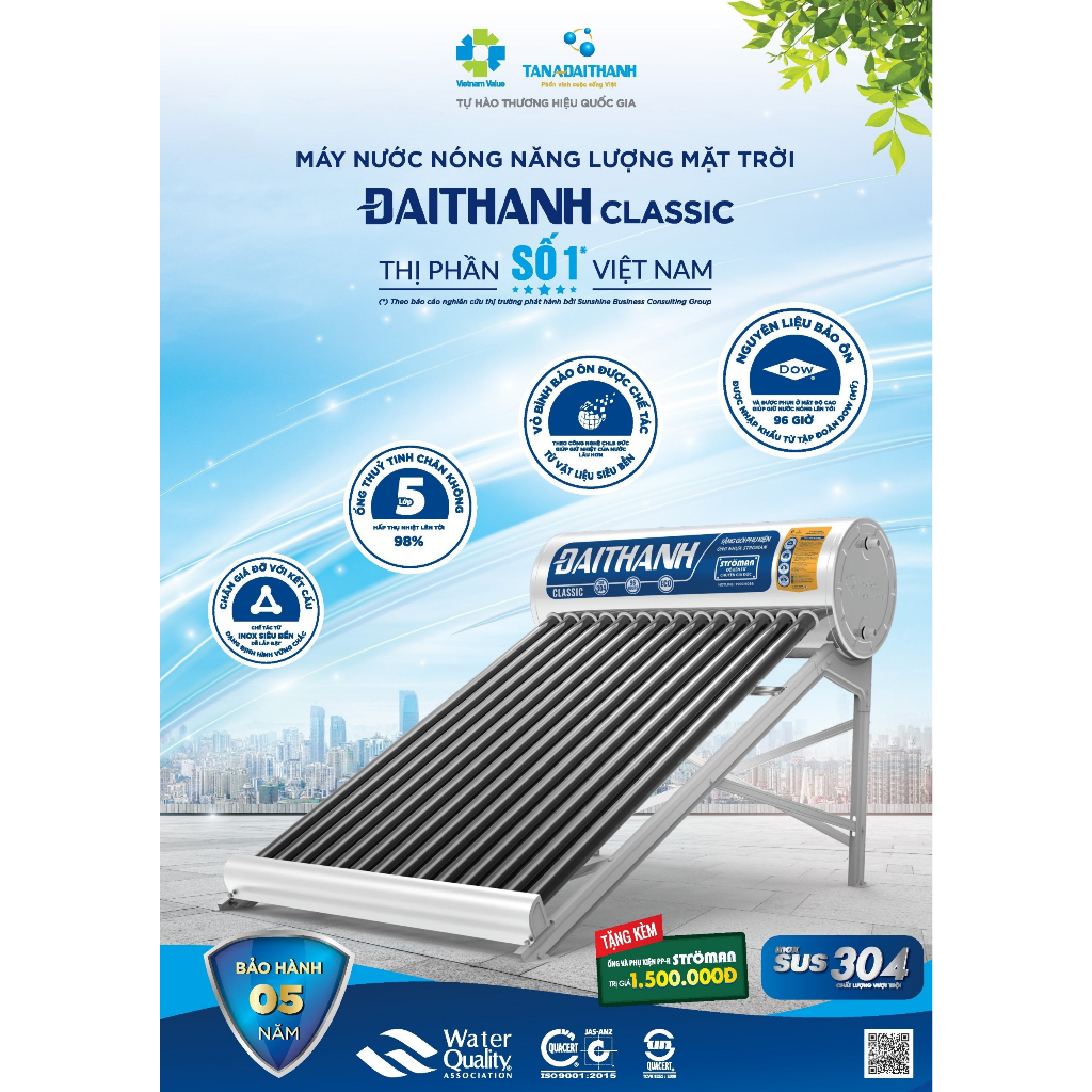 Máy Nước Nóng Năng Lượng Mặt Trời Tân Á Đại Thành CLASSIC Inox 304 Ống Thủy Tinh Chân Không ϕ58 Tiết Kiệm Điện