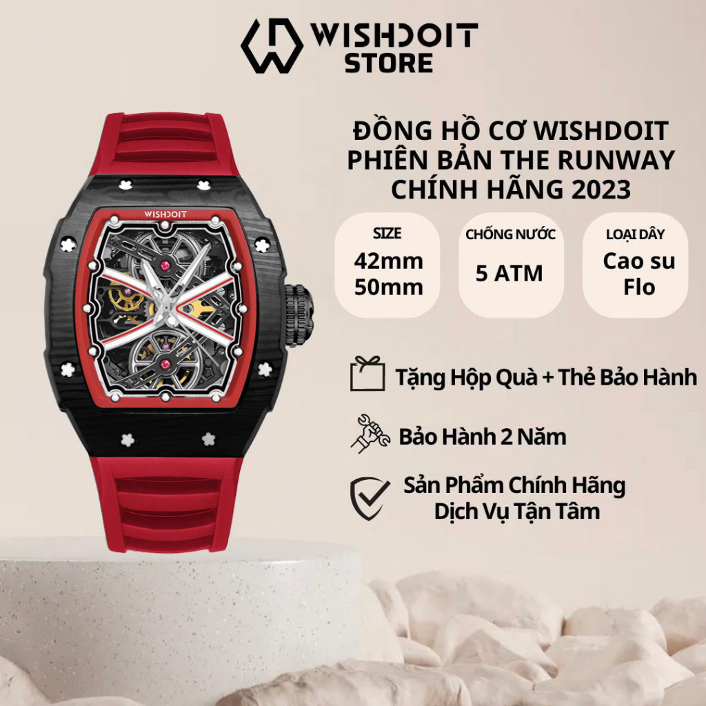Đồng Hồ Nam WISHDOIT Bản THE RUNWAY - BLACK WATCH (RED STRAP) Máy Cơ Cao Cấp