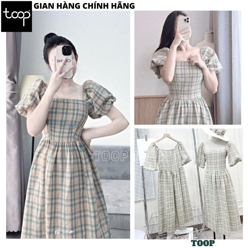 Váy thiết kế cổ vuông kẻ caro xanh tay bồng dáng xòe dài hot hit, Đầm maxi kẻ ô chất thô mềm lưng chun điệu đà - TOOP
