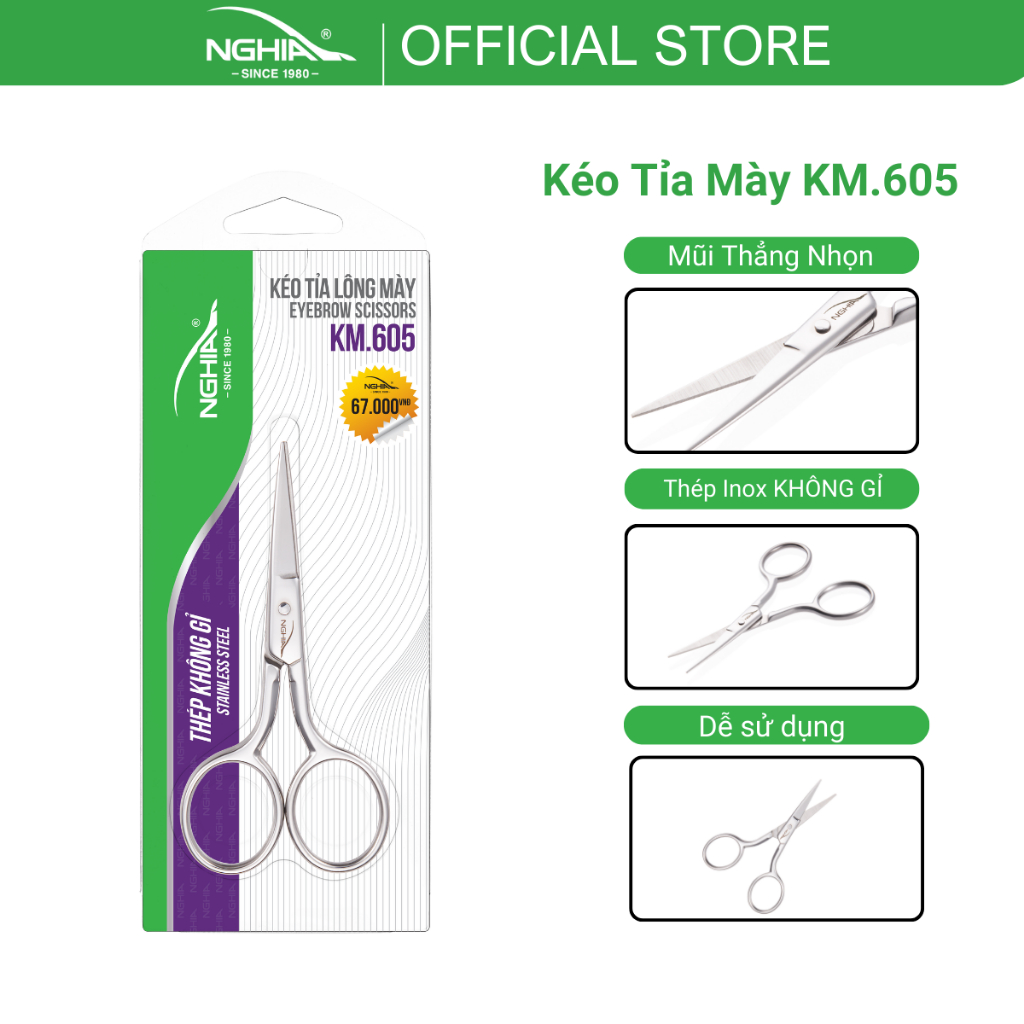 Kéo Cắt Tỉa Lông Mày Thép Không Gỉ Inox Cao Cấp KỀM NGHĨA KM.605 (Mũi Thẳng Nhọn)