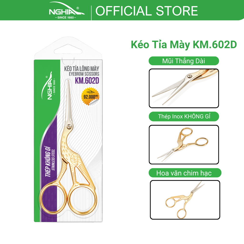 Kéo Cắt Tỉa Lông Mày Thép Không Gỉ Cao Cấp KỀM NGHĨA KM.602D (Mũi Dài Thắng Nhọn)