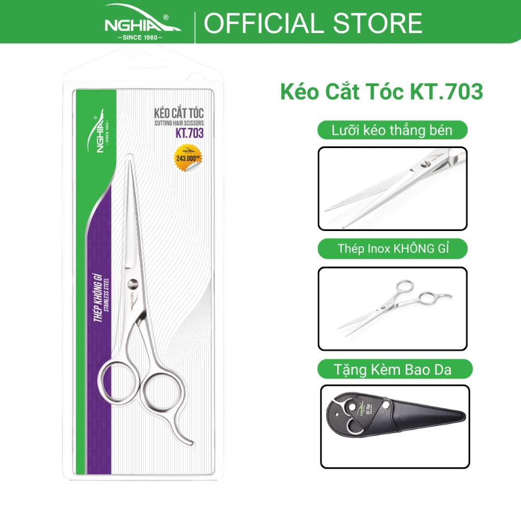 Kéo Cắt Tóc Thép Không Gỉ Cao Cấp KỀM NGHĨA KT.703 16,8cm - Tặng Kèm Bao Da (Lưỡi Ngắn)