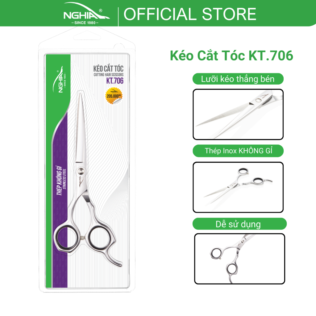 Kéo Cắt Tóc Thép Không Gỉ Cao Cấp KỀM NGHĨA KT.706 15cm (Lưỡi dài)