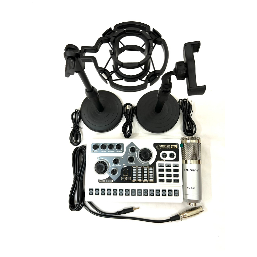 bộ combo livestream sound card x5 và mic bm900 và chân mic đẻ bàn và chân kẹp điện thoại để bàn