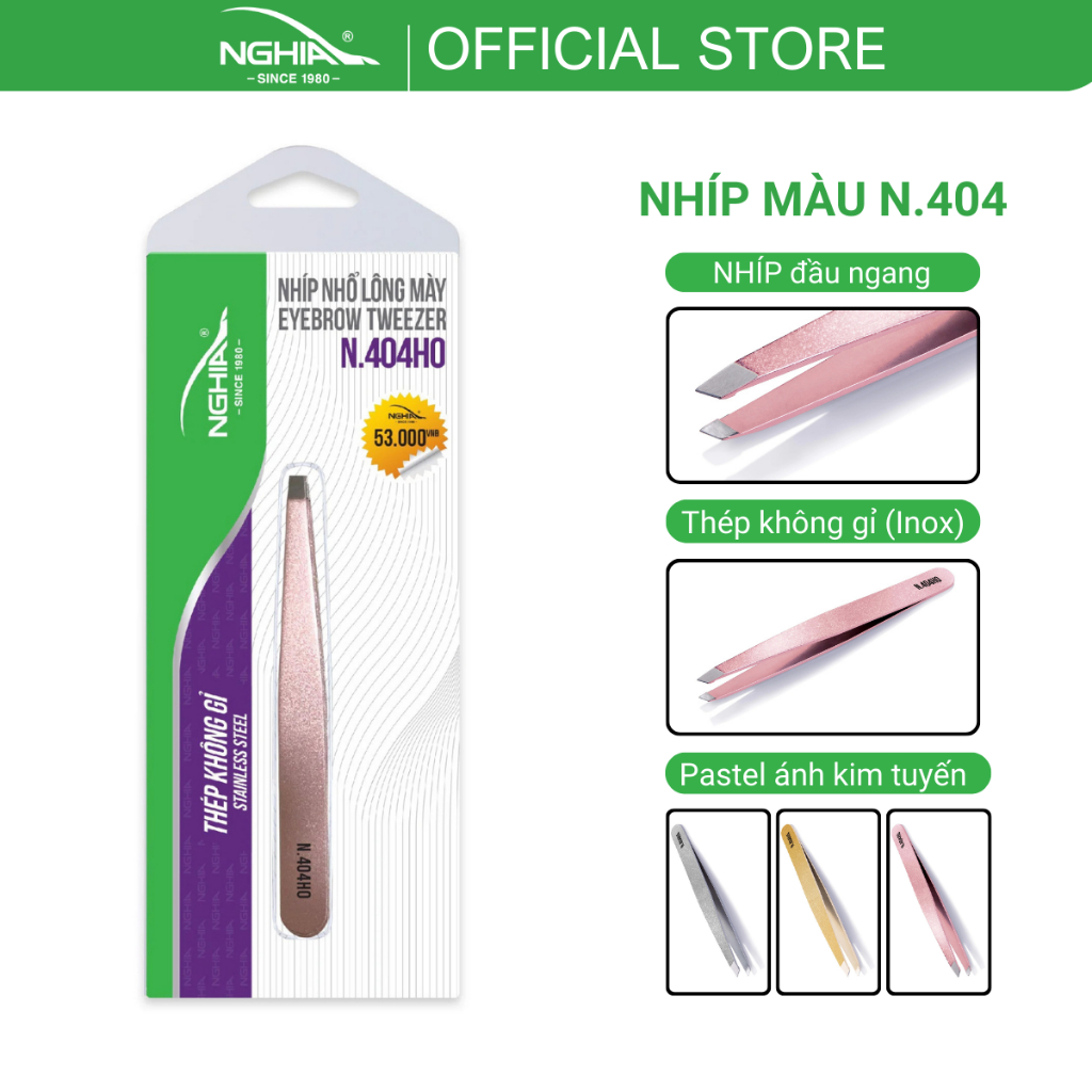 Nhíp Nhổ Lông Mày, Lông Mũi, Râu, Tóc Bạc Inox Kềm Nghĩa N.404 - Đầu Ngang - 3 Màu