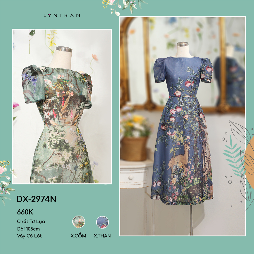 Váy xòe LYN TRAN DX-2974N cổ thuyền họa tiết Chất Tơ Lụa Mềm Mịn Trơn Sóng