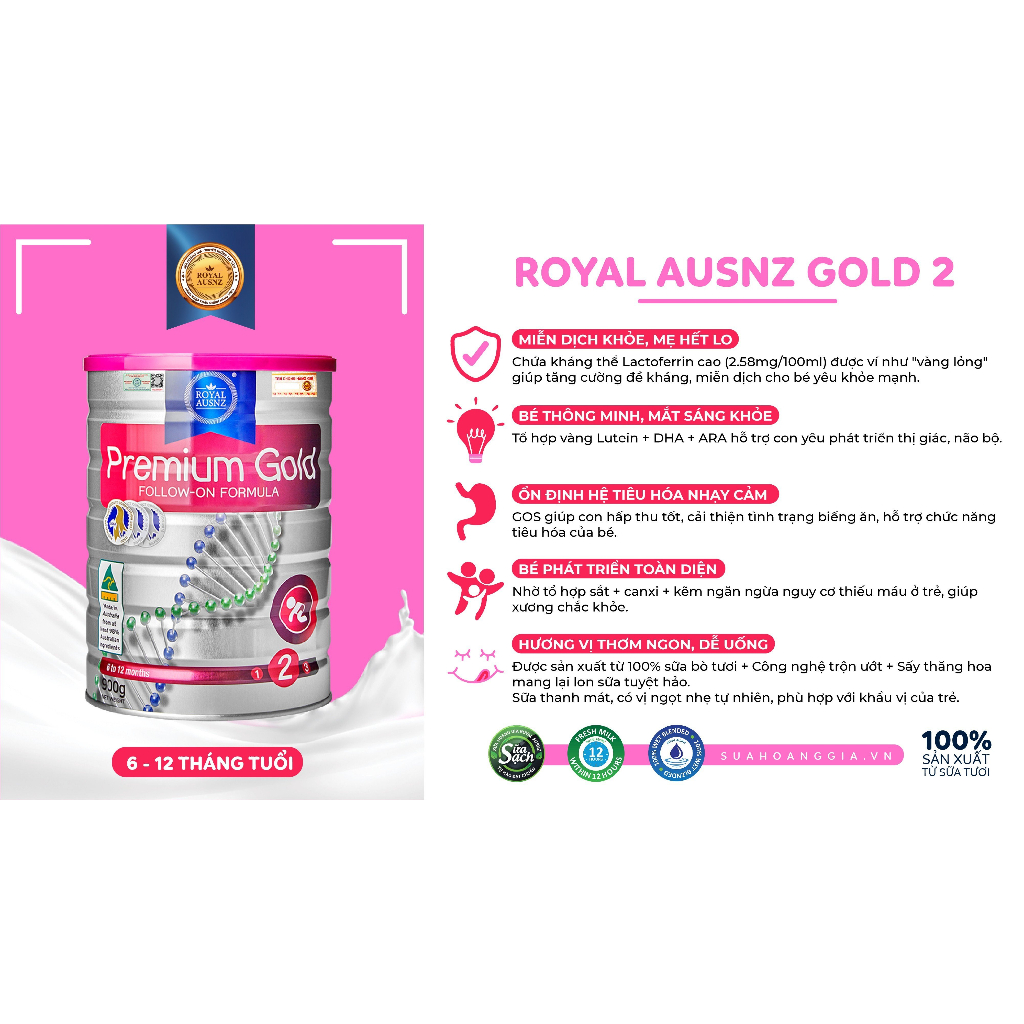 Sữa Bột Hoàng Gia Úc Premium Gold Số 2 Bổ Sung Vitamin, Khoáng Chất Cho Trẻ Royal AUSNZ 900g
