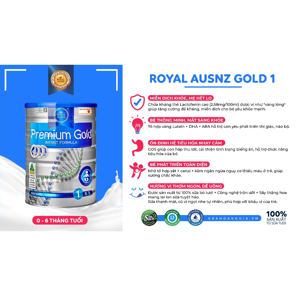 Sữa Bột Hoàng Gia Úc Premium Gold Số 1 Bổ Sung Vitamin, Khoáng Chất Cho Trẻ ROYAL AUSNZ