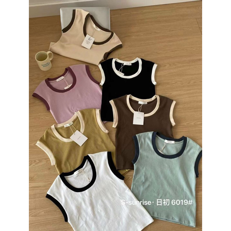 Áo thun trơn tay hến sát nách phối màu , S-sunrise 6019