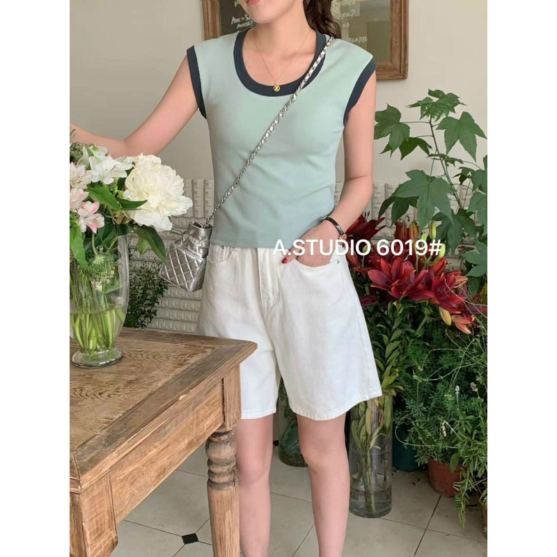 Áo thun trơn tay hến sát nách phối màu , S-sunrise 6019