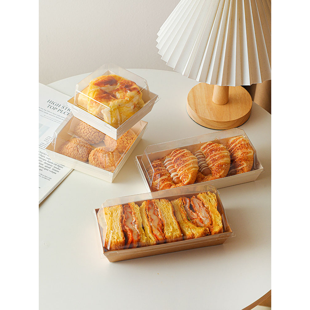 50 Hộp Giấy Nhập Khẩu Vuông, Chữ Nhật Đựng Bánh Sanwich, Su Kem, Tiramisu, Màu Trắng, Nâu(kraft) Kèm NẮP NHỰA TRONG SUỐT