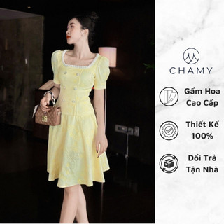 Set 𝐂𝐇𝐀𝐌𝐘 ricardo áo form basic đính cổ ngọc mix chân váy xòe chất gấm vân hoa cao cấp