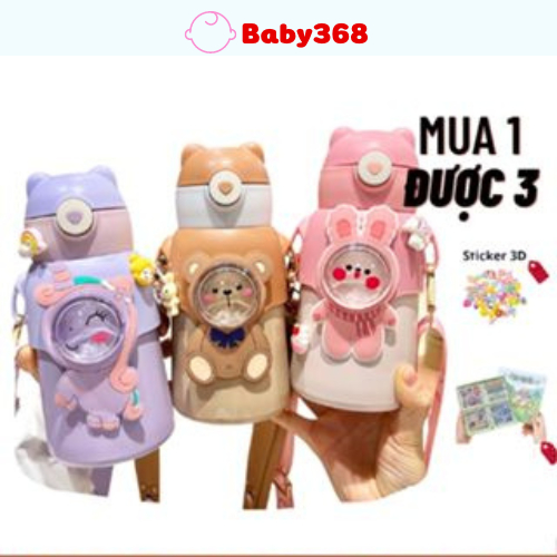 Bình giữ nhiệt cho bé chống tràn kèm ống hút và dây đeo cho bé, bình đựng nước, bình trẻ em hoạt hình kèm sticker