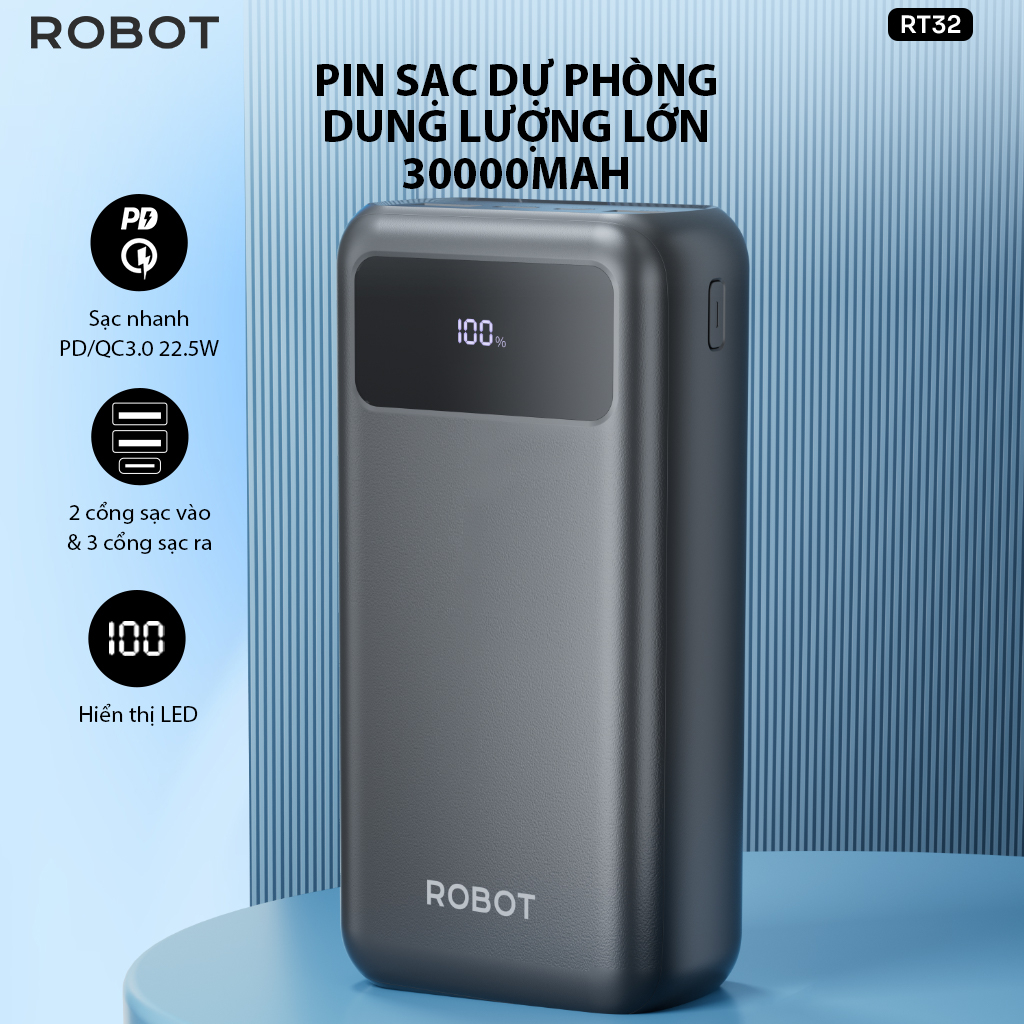 Pin Sạc Dự Phòng 30.000mAh ROBOT RT32 Sạc Nhanh PD/QC 3.0 Công Suất 22.5W 3 Cổng Sạc Ra