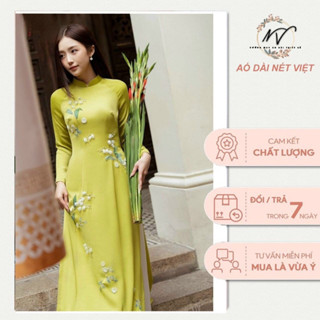 Áo dài Hoa Cúc truyền thống chất tằm ướt co giãn nhẹ thêu kết hoa nhí nổi