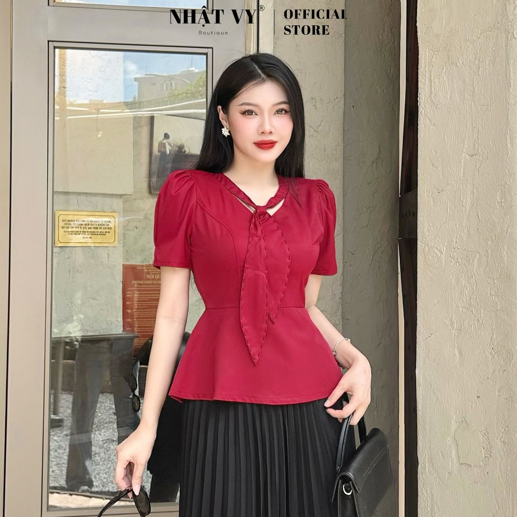 Áo peplum công sở Nhật Vy thắt nơ viền chỉ nổi tay phồng chất cotton phù hợp đi chơi dạo phố sang chảnh - D2777