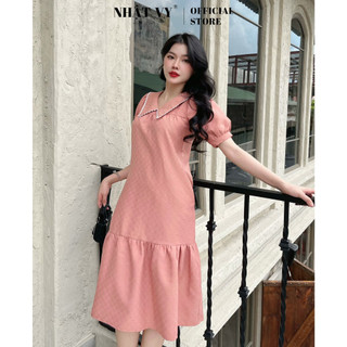 Đầm suông công sở Nhật vy cổ bèo viền ren đuôi cá tay phồng chất xốp phù hợp đi chơi dạo phố - D2746