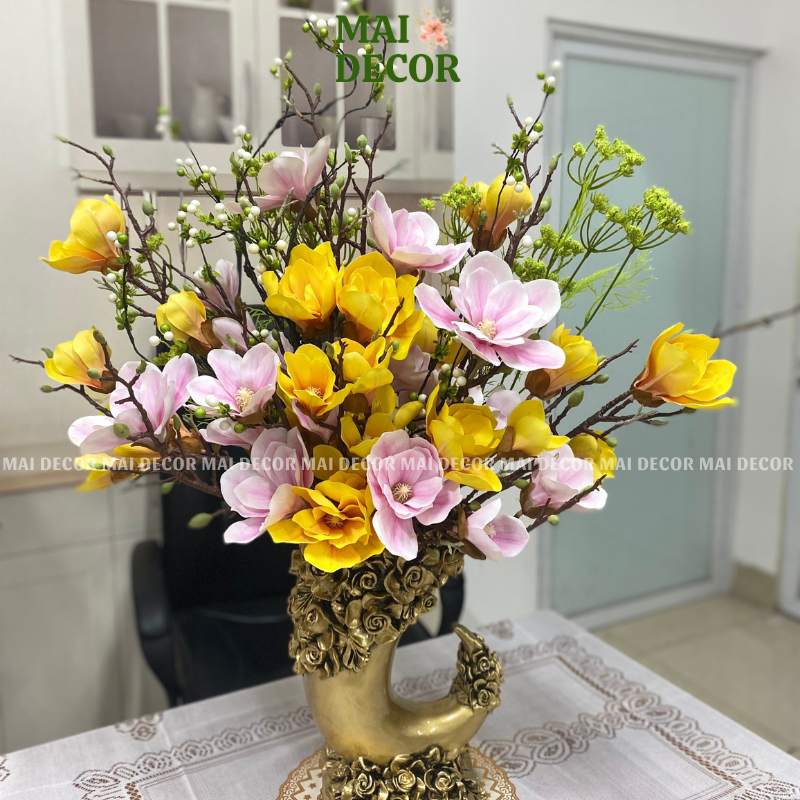 Hoa mộc lan cành 5 bông, Hoa giả trang trí phòng khách, văn phòng, quà tặng ý nghĩa - Mai Decor