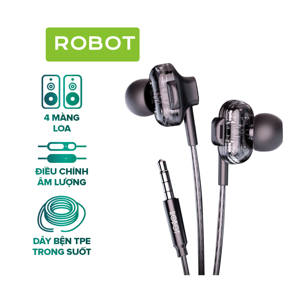 Tai Nghe Dây ROBOT RE30 Thiết Kế In-Ear Dây TPE Trong Suốt Cổng Kết Nối 3.5mm