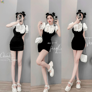 Đầm cổ sơ mi tay ngắn bèo phối yếm đen ngoài xinh v