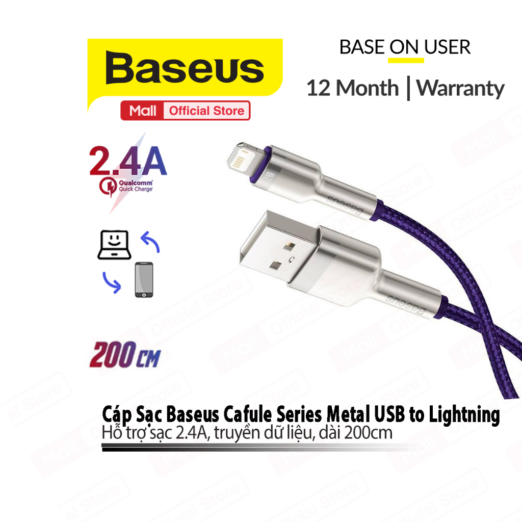 Cáp sạc Baseus Cafule Metal USB dùng cho IP7/8/10/11/12 ,hỗ trợ sạc 2.4A , truyền dữ liệu dài 1m/2m
