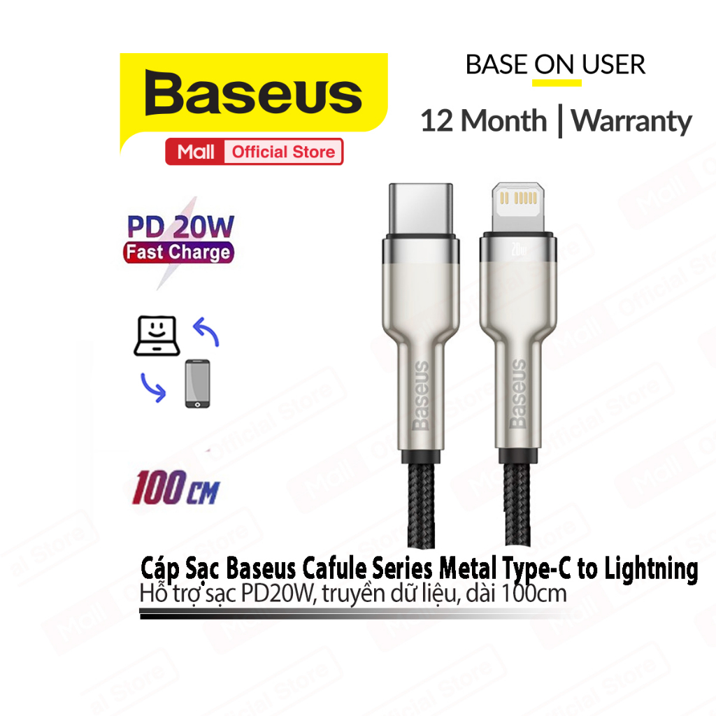 Cáp sạc nhanh PD20W Type-C dùng cho IP10/11/12/13 Baseus Metal Data Cable truyền dữ liệu tốc độ 480Mbps, dài 25cm/100cm/