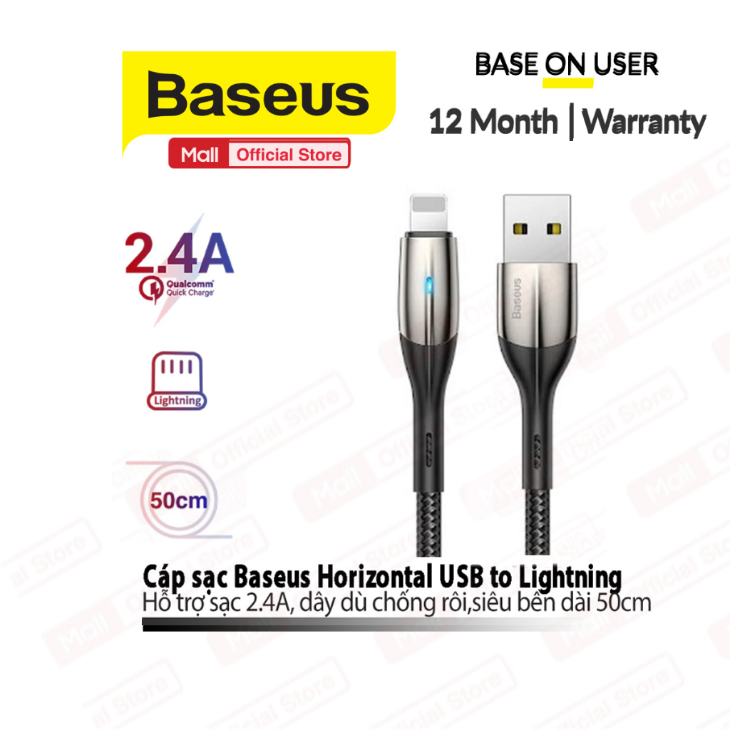 Cáp sạc và truyền dữ liệu tốc độ cao Baseus Horizontal Data USB dùng cho IP7/8/10/11/12 hỗ trợ sạc 2.4A dài 1m/2m