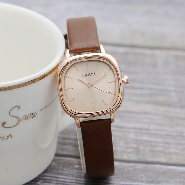 Đồng hồ nữ NAIDU vintage chính hãng mặt vuông phong cách Hàn Quốc viền kim loại dây da phối màu trẻ trung