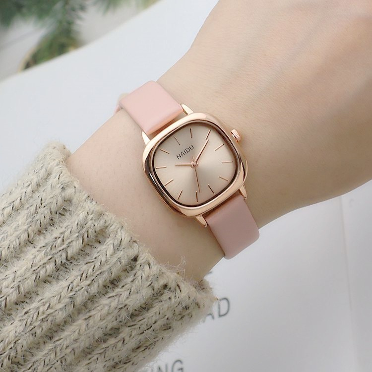 Đồng hồ nữ NAIDU vintage chính hãng mặt vuông phong cách Hàn Quốc viền kim loại dây da phối màu trẻ trung