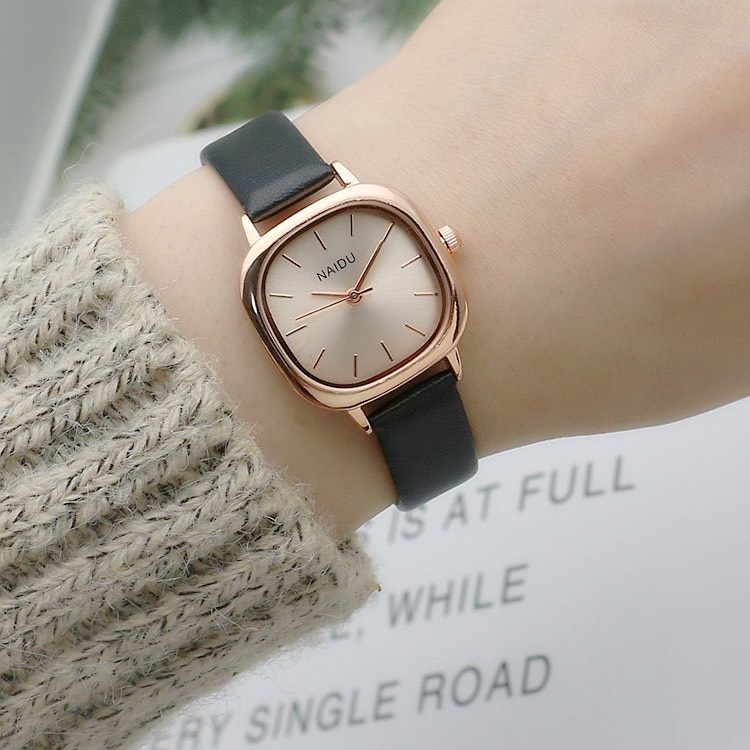 Đồng hồ nữ NAIDU vintage chính hãng mặt vuông phong cách Hàn Quốc viền kim loại dây da phối màu trẻ trung