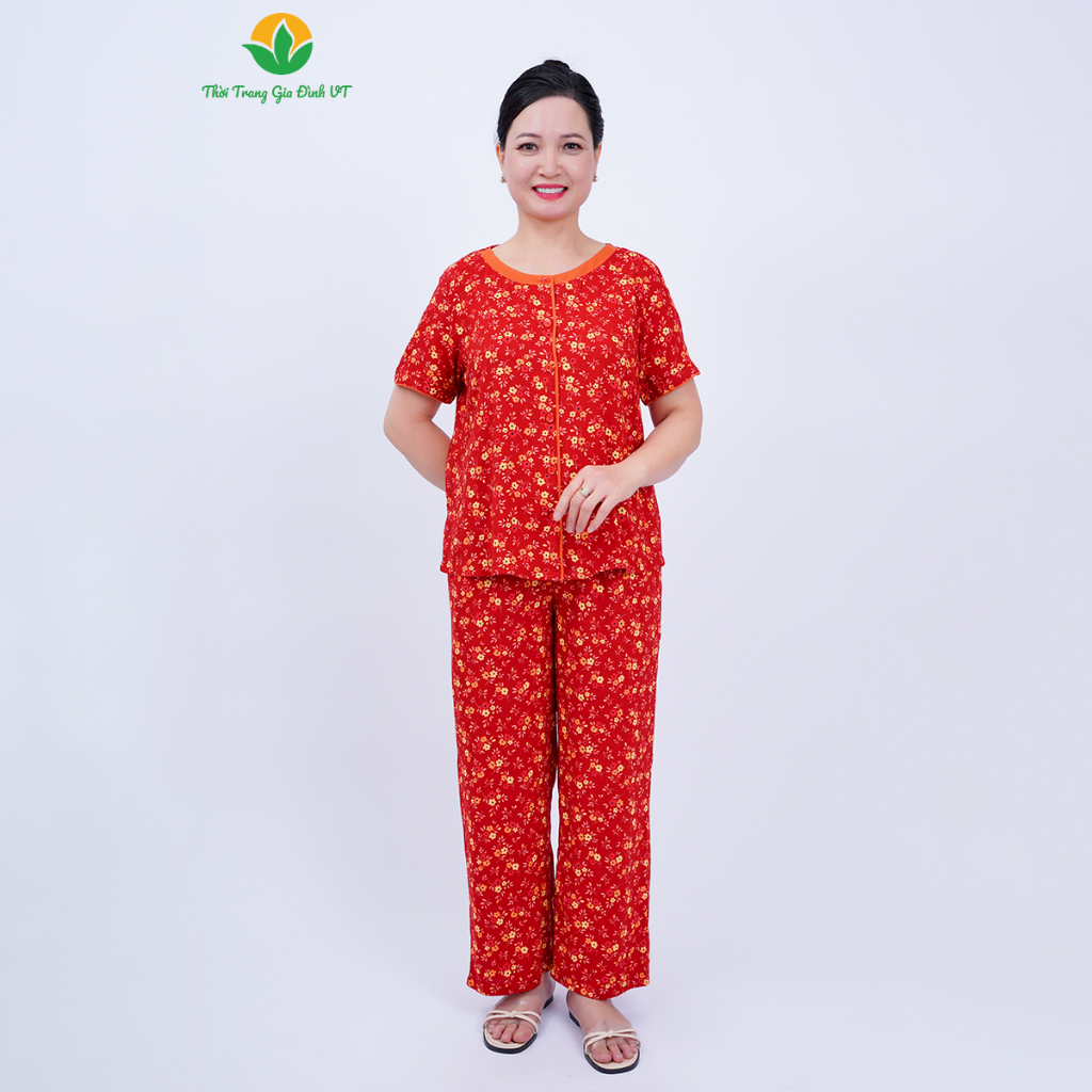 Đồ mặc nhà trung niên xuân hè Việt Thắng quần dài, áo cộc tay chất Lanh - B08.2306