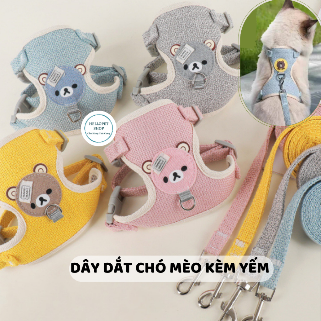 Bộ yếm dắt thú cưng, Dây dắt chó mèo dạng yếm đeo cao cấp, hình mặt gấu dễ thương chất liệu cotton thoáng khí HELLOPET