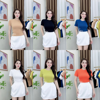  Áo Thun Bo Tăm Nữ Basic Trơn Dáng Ôm Co Giãn 4 Chiều 6 Màu Đen,Trắng,Da,Cam,Xanh Bơ,Xanh Coban Bigsize 40kg-70kg 