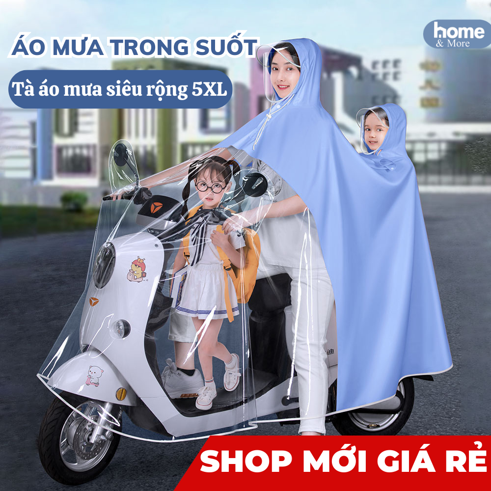 Áo mưa nửa trước trong suốt siêu to 5XL cho Mẹ và Bé, che phủ toàn thân, kèm kính chắn mưa.