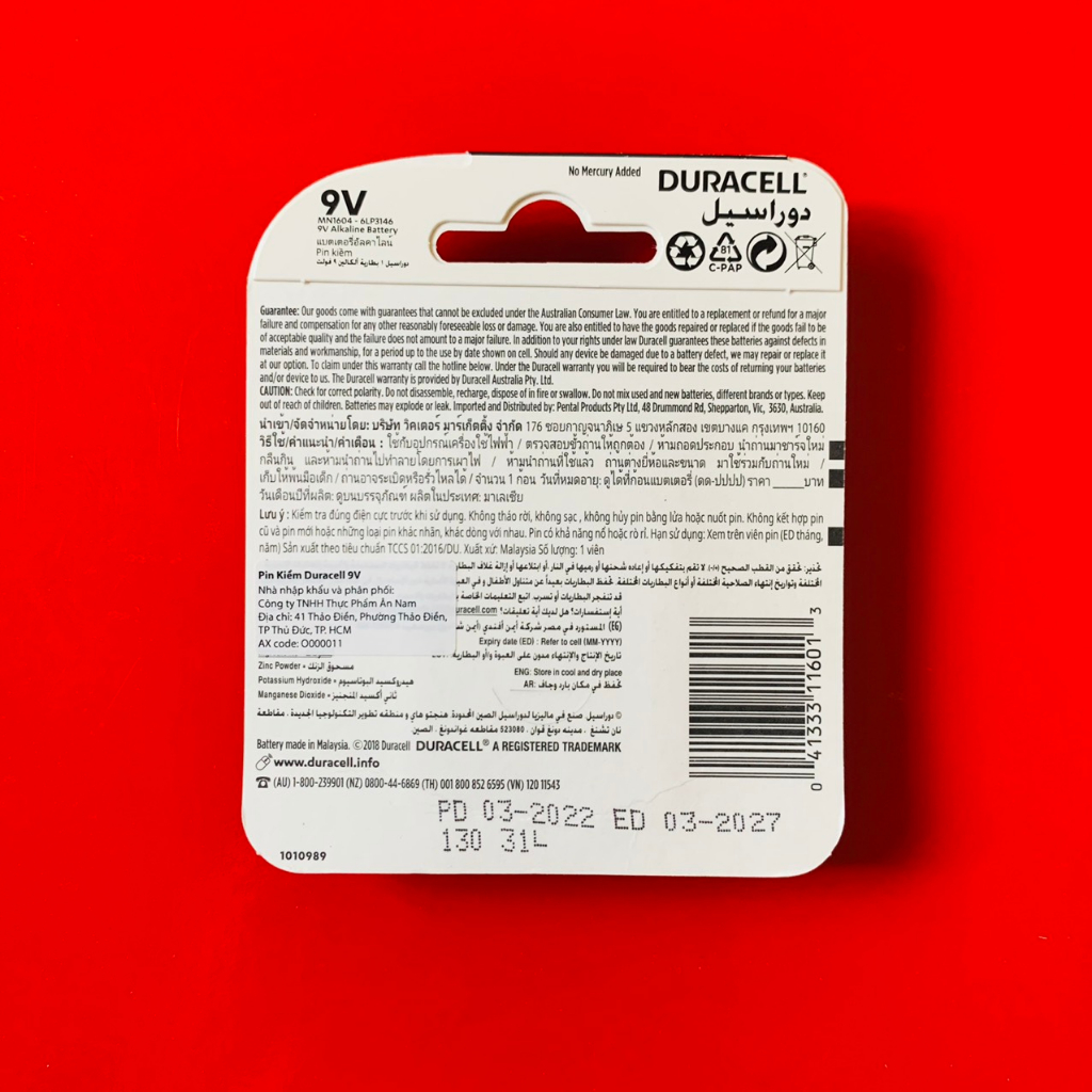 Pin vuông  9v Alkaline MN1604 Duracell vỉ 1 viên
