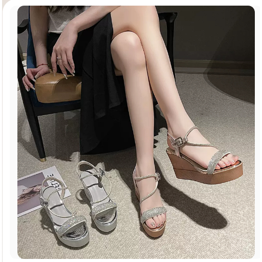 T196 Sandal cao gót 9cm quai ngang bản to đính đá siêu xinh
