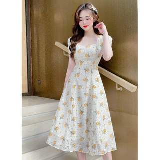Đầm nữ in hình hoa nổi cột nơ cổ mocking thân sau có lót chất voan mềm mịn cao cấp QCS