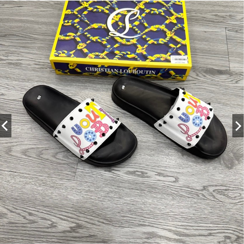 Dép lê nam quai ngang LBT da PU in chữ 7 màu phối tag đinh đen viền quai siêu rẻ đẹp DL19P