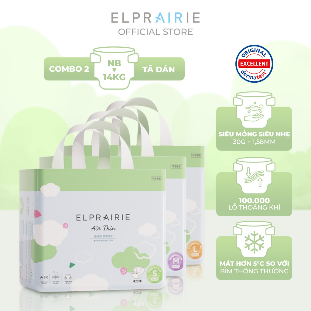 Combo 2 Tã/Bỉm Dán ELPRAIRIE Air Thin Cao Cấp Nội Địa Hàn Quốc Mềm Mại, Nhẹ Tênh, Chống Tràn Chống Hăm Đủ Size SML