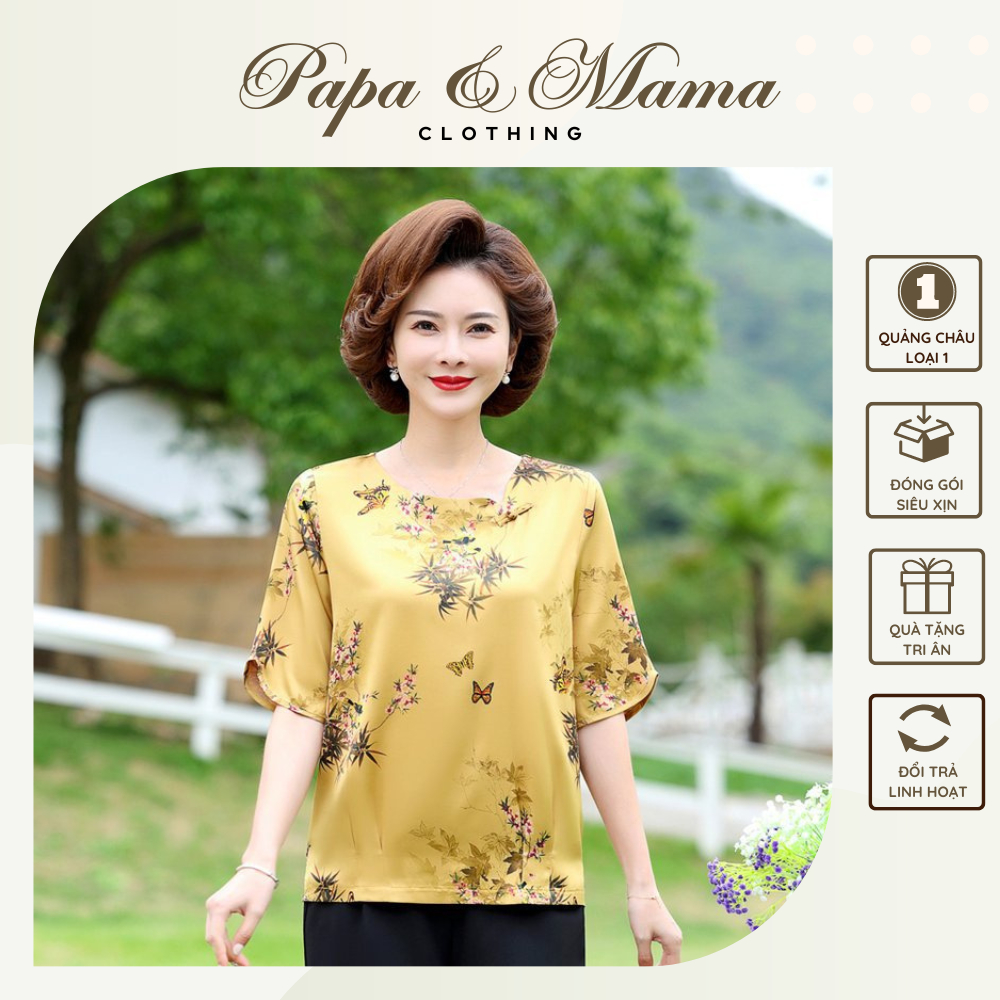 Áo Lụa trung niên cho mẹ, họa tiết hoa, Hàng Quảng Châu cao cấp #A07