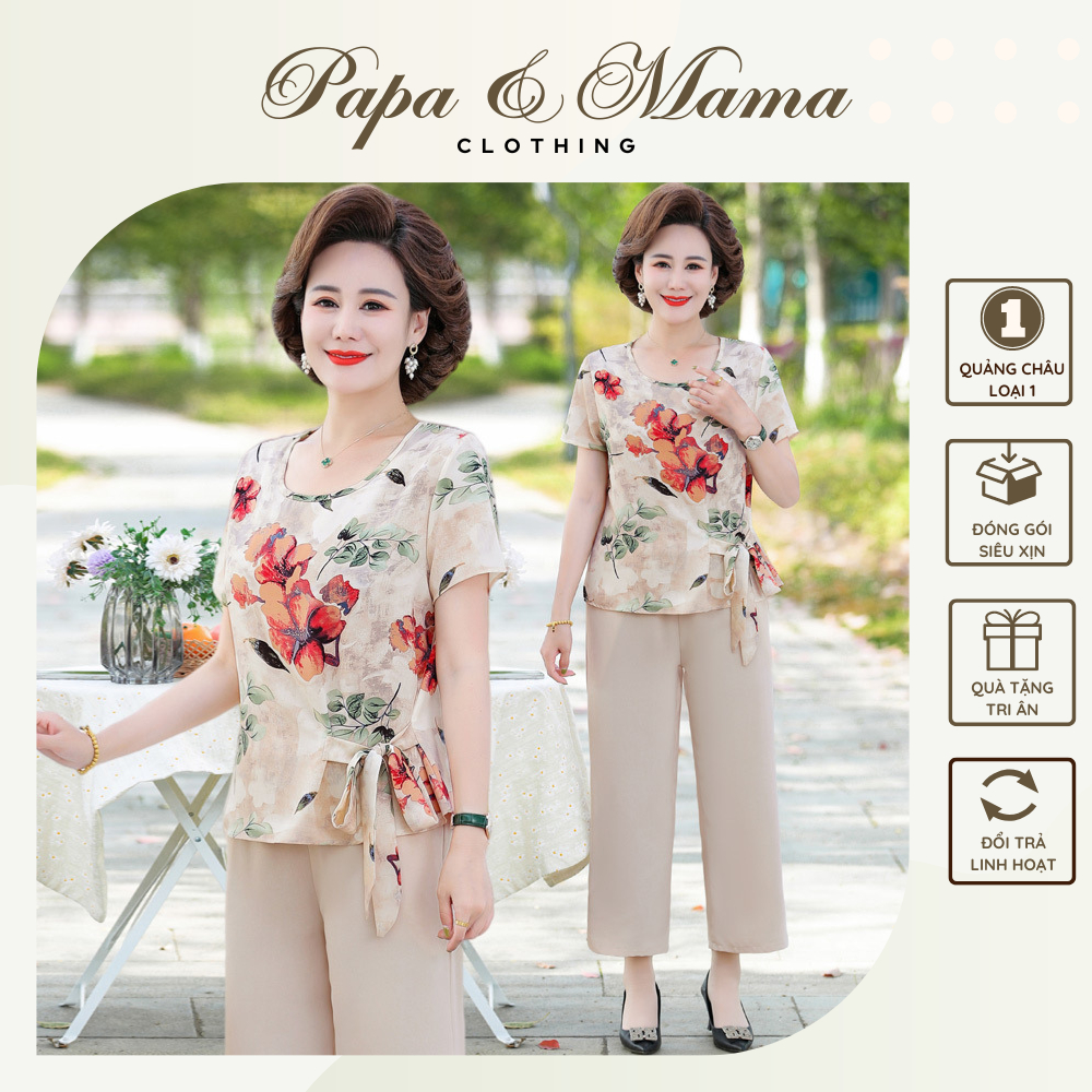 Đồ bộ trung niên nữ cho mẹ, Hàng Quảng Châu cao cấp, Áo voan hoa thắt eo - Quần ống rộng #B02