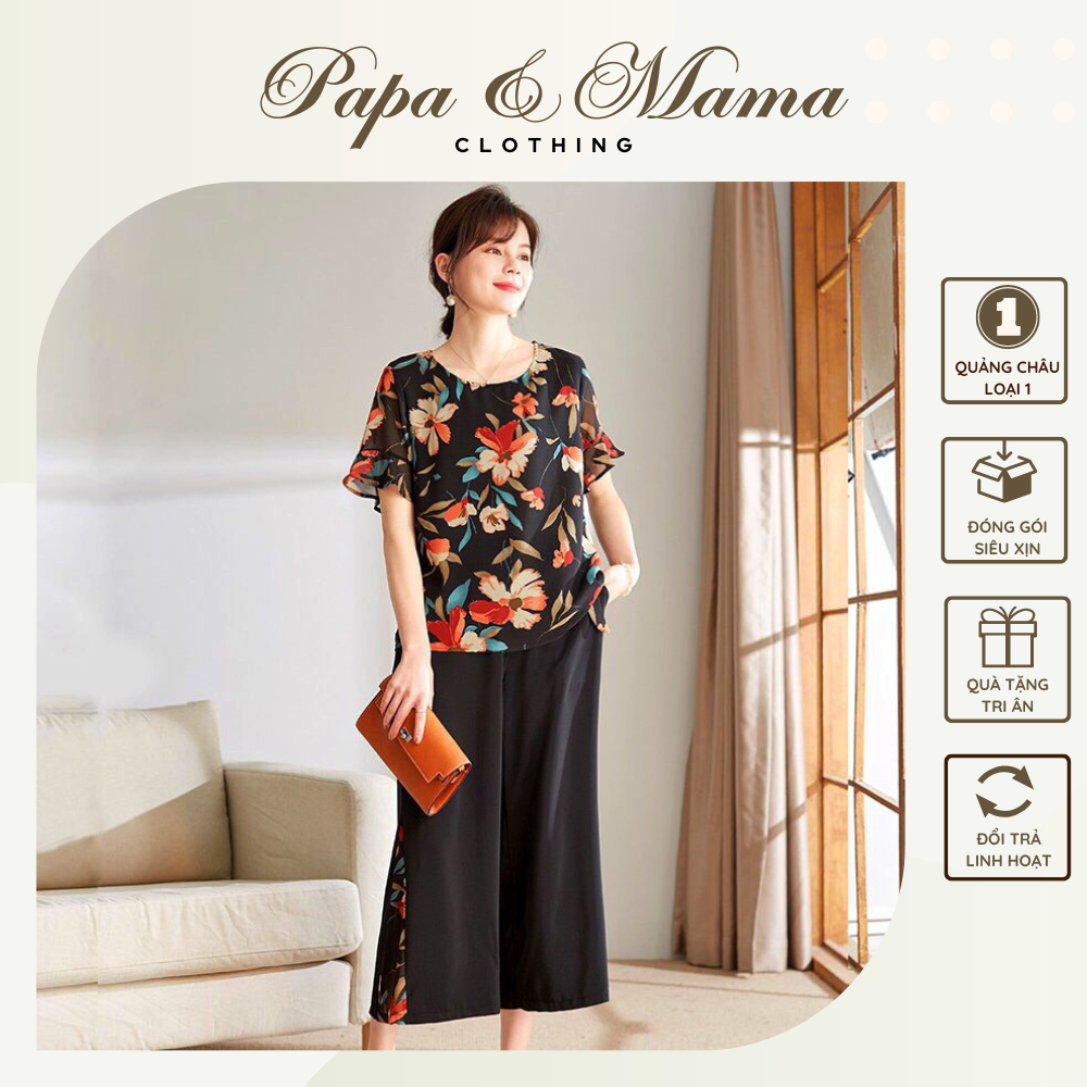 Đồ bộ trung niên nữ cho mẹ, Hàng Quảng Châu cao cấp, Bộ voan tay ngắn quần lửng hoa đen #B13