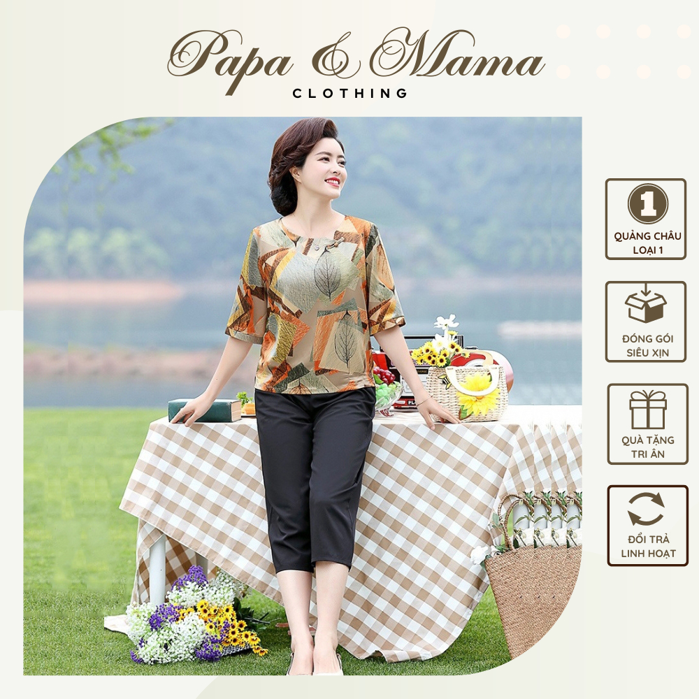 Đồ bộ trung niên nữ cho mẹ mặc nhà, Áo Phi lụa tay ngắn - Quần thun lửng #B08