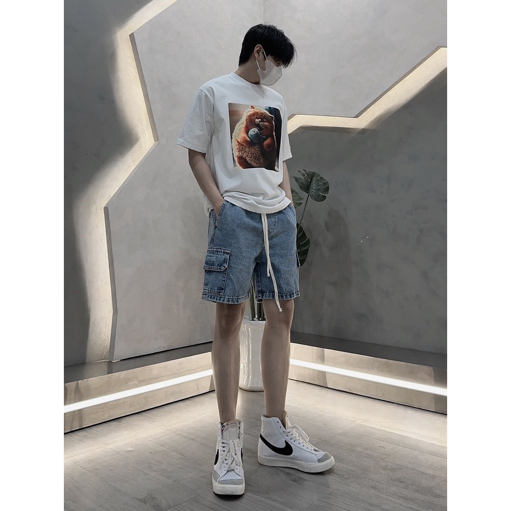 Quần short jean nam túi hộp ROMAN ống rộng chất bò cao cấp QJ08
