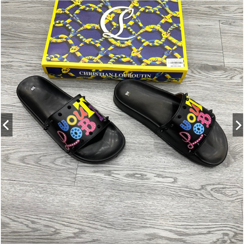 Dép lê nam quai ngang LBT da PU in chữ 7 màu phối tag đinh đen viền quai siêu rẻ đẹp DL19P