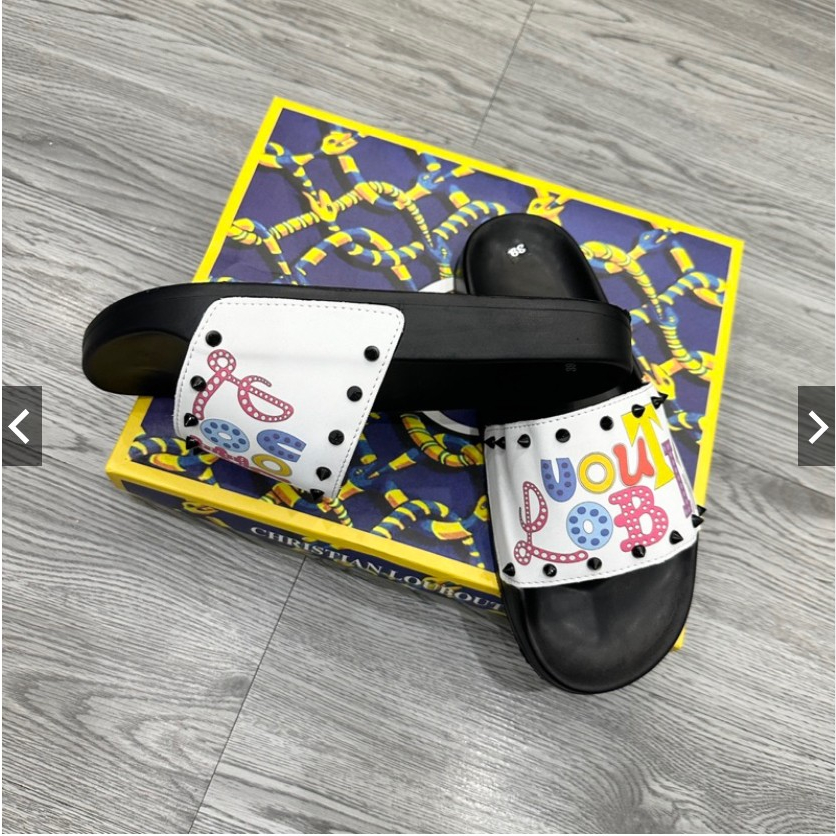 Dép lê nam quai ngang LBT da PU in chữ 7 màu phối tag đinh đen viền quai siêu rẻ đẹp DL19P