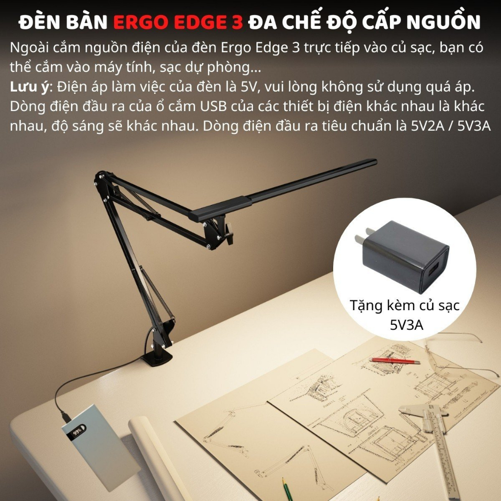 Đèn bàn học bảo vệ mắt DandiHome Ergo Edge chống cận để làm việc, học tập có thể kéo dài và gấp gọn - 3 chế độ sáng